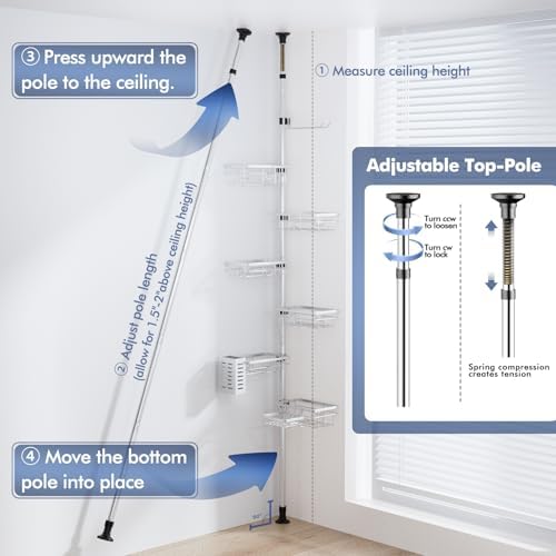 Shower Caddy Corner Tension Pole, Stainless Steel Shelves Bathroom Organizer - Image 5