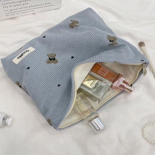SxoSyo Corduroy Makeup Bags, Bear Cosmetic Pouch Large Purse - Image 3