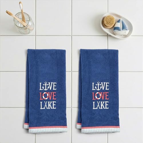 Ritz 2-Piece Cotton Velour Bathroom Hand Towel Set, Embroidered Live Love Lake - Image 3