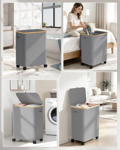 Double Laundry Basket with Wheels and Lid, 150L Clothes Hampers - Image 6