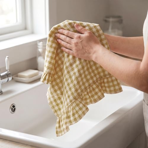 HunnmingRe 2 Pcs Yellow Pink Gingham Kitchen Towels Cotton Ruffled - Image 4
