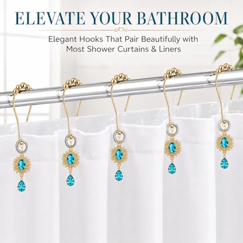 12PCS Aqua Blue Gem Shower Curtain Hooks, Elegant Bathroom Decor - Image 4