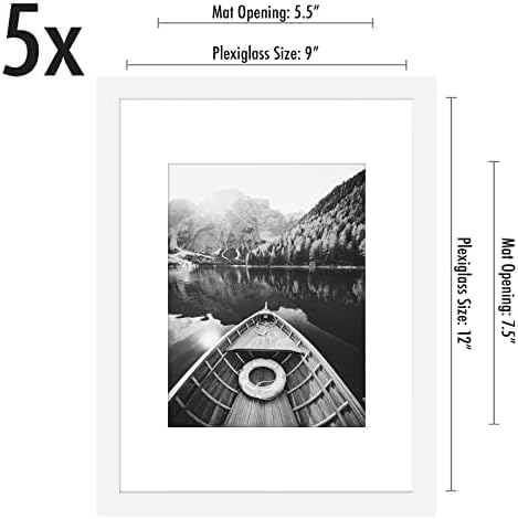 Americanflat 9x12 Picture Frame with Polished Plexiglass - Set of 5 - Use as 6x8 Frame with Mat or Display 9x12 Photo Without Mat - Galleria Collection - Picture Frames for Wall Display - White