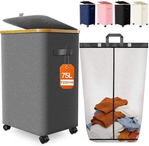 Laundry Hamper with Wheels, 75L Rolling Laundry Basket, Removable Inner Bag by Fzzcvo
