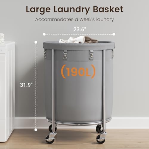 ELYKEN Laundry Basket with Wheels, Round Rolling Laundry Hamper - Image 3