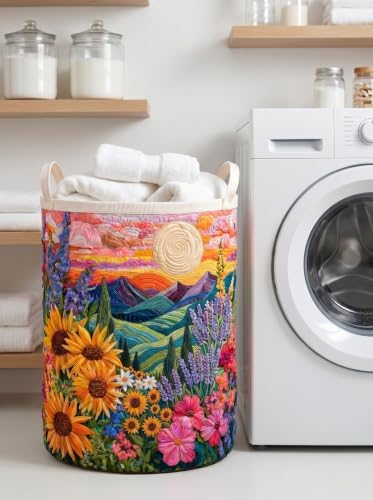 Quilted Laundry Basket with Handles, Boho Floral Quilted Storage Hamper - Image 2