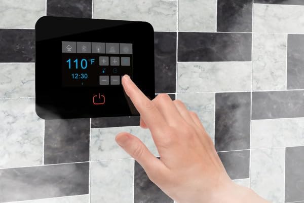 Builders Series 4.5kW Steam Bath Generator with Quickstart Continuous Steam, Black Digital Touch Pad, Built-in Auto-Drain, and Aroma Steamhead in Polished Chrome