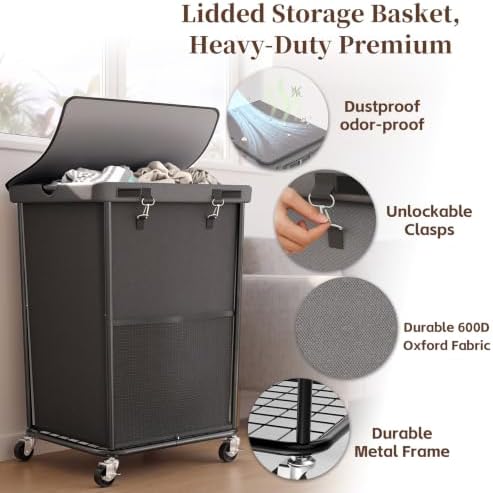 Laundry Hamper with Wheels and Lid, 150L Large Rolling Laundry Basket Gray - Image 4