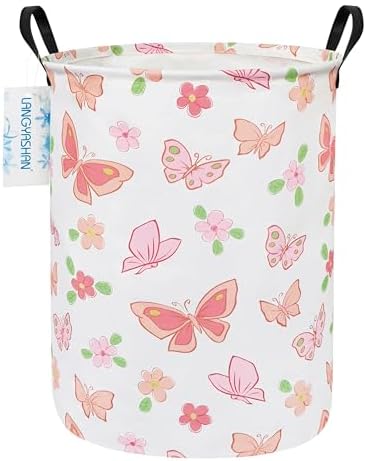 Round Laundry Basket Collapsible Storage Hamper Organizer Pink Butterfly by LANGYASHAN