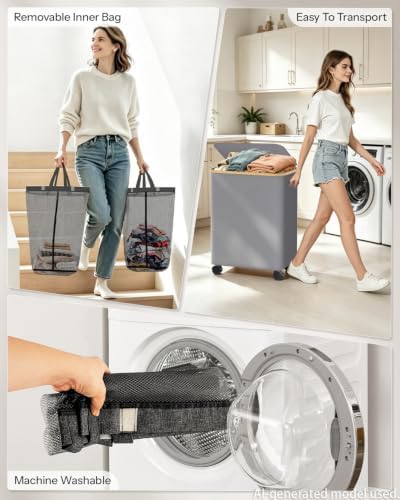 Double Laundry Basket with Wheels and Lid, 150L Clothes Hampers - Image 4
