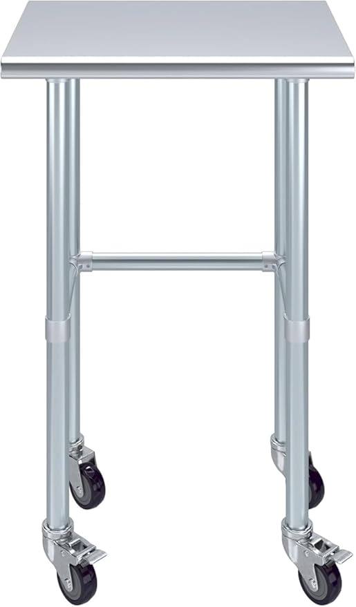 Stainless Steel Work Table Open Base & Wheels | Work Station | Metal Work Bench (Stainless Steel Work Table Open Base + Casters) (24" Long x 18" Deep)