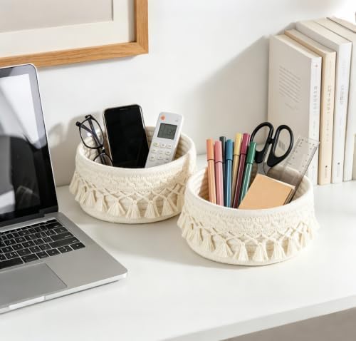 Mkono Macrame Makeup Brush Holder, Boho Mini Storage Basket Set of 2 Ivory - Image 5