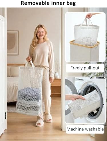IEGrow Laundry Hamper with Lid, 110L Laundry Basket with Mesh Bag, Light Grey - Image 5