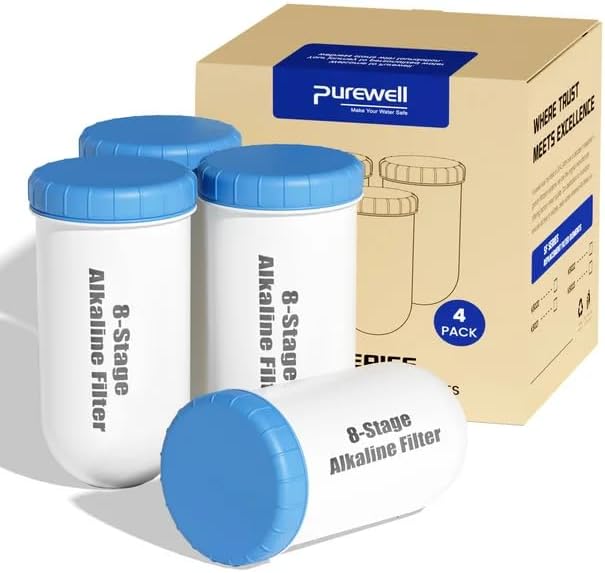 Purewell 8-Stage Alkaline Filter Elements, 7-Inch Pitcher Cartridge Compatible with Zero Pitcher, NSF/ANSI 42 & 372 Certified, 4000-Gallon Long-Lasting, Up to pH 9, Reduces 99% Chlorine (4-Pack)