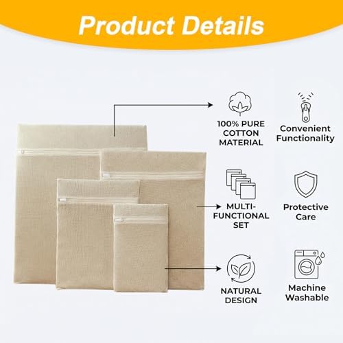 4-Piece 100% Cotton Mesh Laundry Bags, Premium Soft No-Dye Natural Delicate Bags - Image 3