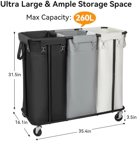 WOWLIVE Laundry Hamper 3 Section, 260L Rolling Laundry Basket - Image 4