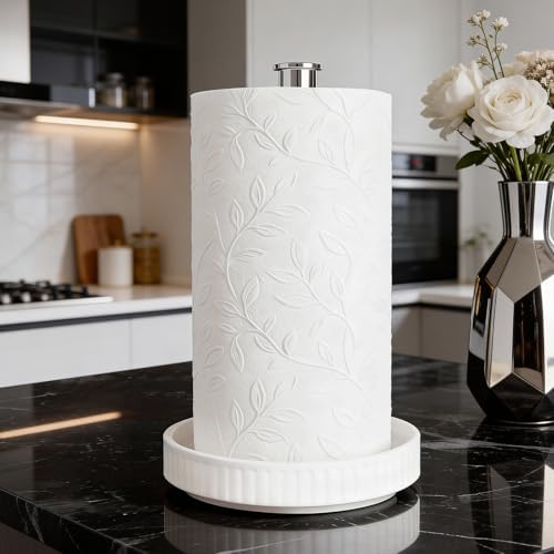 Paper Towel Holder Countertop, Ceramic Base, Fits Double to Family Rolls by VROOMIUM-BETTERDESIGN