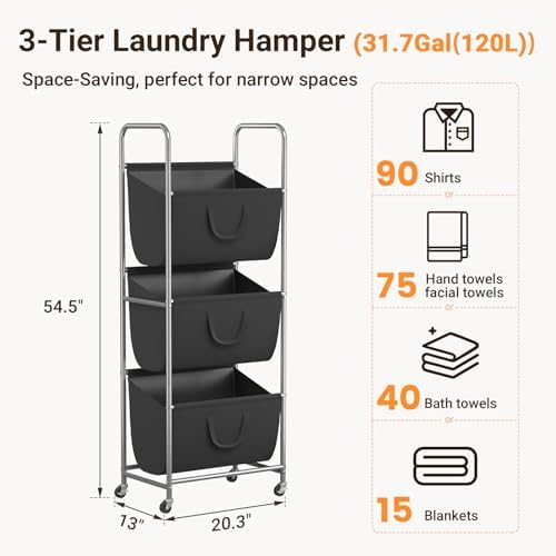 ELYKEN 3-Tier Vertical Rolling Laundry Hamper - Image 3
