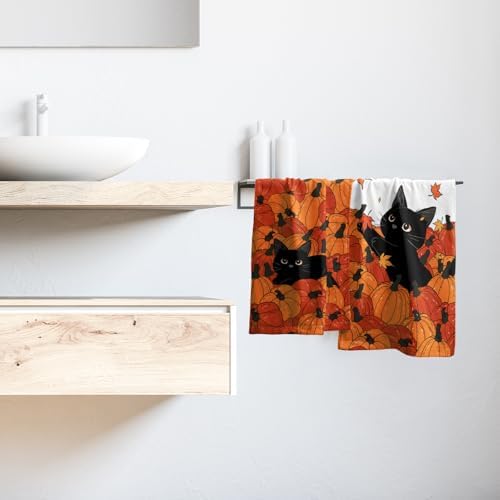 Fall Black Cat Pumpkins Bathroom Towels Set Autumn Leaves Hand Towels - Image 6