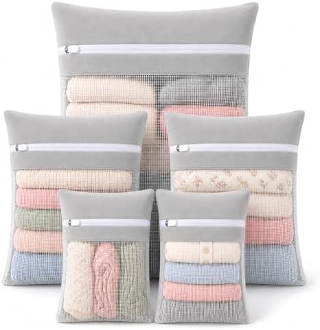 Gray 5-piece set in bags, durable cotton mesh laundry bags, sturdy zipper by NAHADS