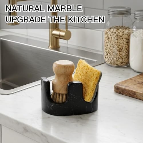 Black Marble Sponge Holder for Kitchen Sink, 2-in-1 Natural Stone Sponge & - Image 4