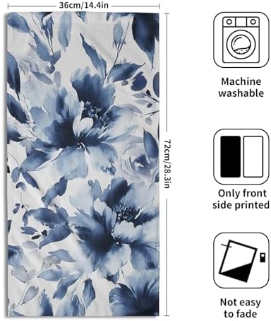 Navy Blue Flower Hand Towels Set of 2, Modern Ink Floral Face Towel 28X14 inch - Image 2