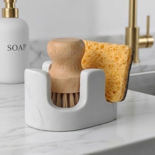 White Marble Sponge Holder for Kitchen Sink, 2-in-1 Sponge & Brush Holder by BekPooQ