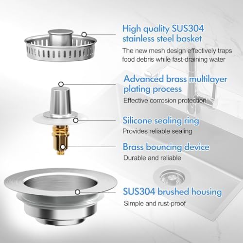 3 in 1 Kitchen Sink Drain Strainer & Sink Stopper, 304 Stainless Steel Pop Up - Image 6