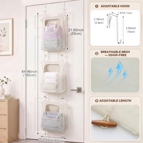 Tranqun 3 Pcs over The Door Hanging Laundry Hamper Mesh Laundry Bag - Image 2
