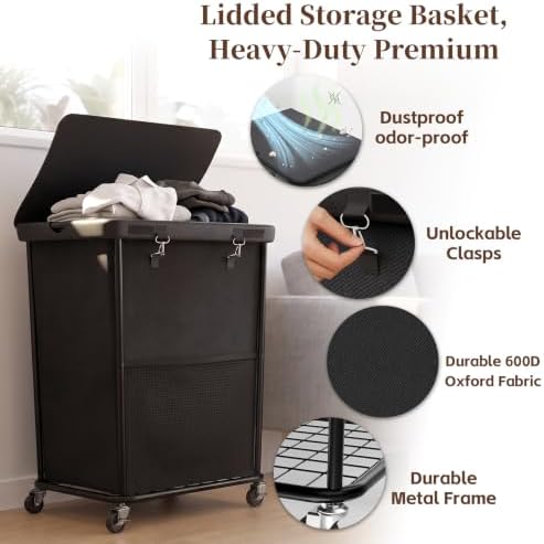 Laundry Hamper with Wheels and Lid, 150L Large Rolling Laundry Basket Black - Image 4