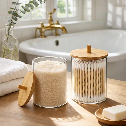 Glass Qtip Holder with Bamboo Lids, 10 oz Apothecary Jars, 2 Pack - Image 2
