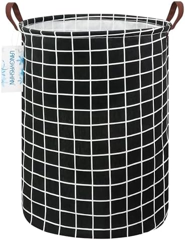 Round Laundry Basket Collapsible Storage Hamper Organizer Black Grid by LANGYASHAN