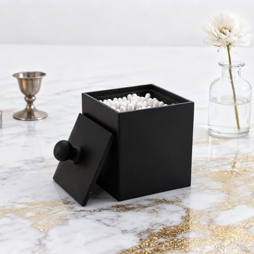 Square Cotton Swab Holder with Lid, Matte Black, 2 Slot - Image 3