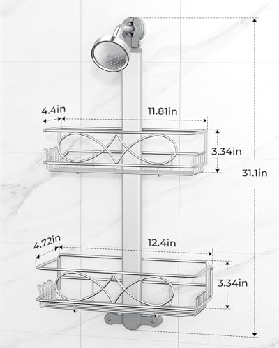 ODesign 2 Tier Aluminum Shower Caddy Rustproof Hanging Adjustable Silver - Image 2