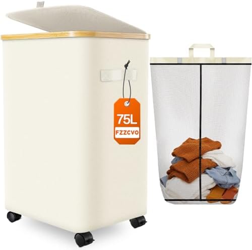 Laundry Hamper with Wheels, 75L Rolling Laundry Basket, Removable Inner Bag by Fzzcvo