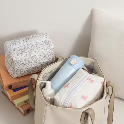 RSRSLEII 2 Pcs Quilted Cotton Makeup Bag Set, 19 Pink Bow Set - Image 6