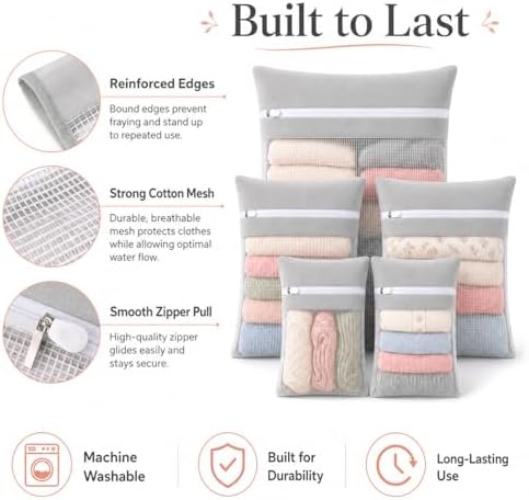 Gray 5-piece set in bags, durable cotton mesh laundry bags, sturdy zipper - Image 5