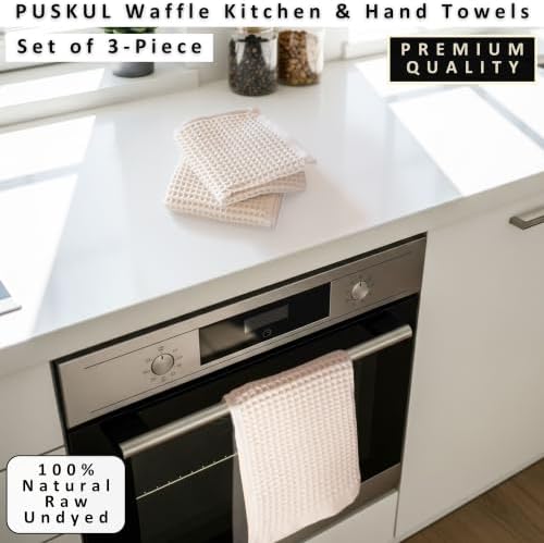 PÜSKÜL Natural 100% Turkish Cotton Waffle Hand and Kitchen Towels Set of 3 - Image 4
