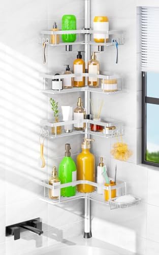 HAMITOR 4-Tier Bathtub Shower Caddy, Tension Pole Corner Shelves by HAMITOR