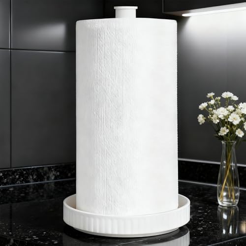 Paper Towel Holder, Ceramic Heavy Plate Base Wobble-Free, Roll Stand-White by VROOMIUM-BETTERDESIGN