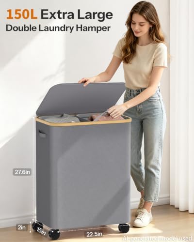 Double Laundry Basket with Wheels and Lid, 150L Clothes Hampers - Image 2