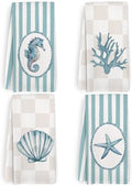 Coastal Beach Kitchen Towels and Dishcloths Set of 4, Beachy Striped Checkered by HFXHANGD