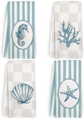Coastal Beach Kitchen Towels and Dishcloths Set of 4, Beachy Striped Checkered by HFXHANGD