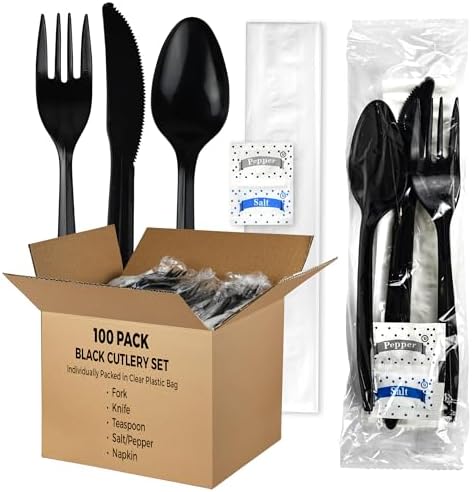 KitchenDine 100 Pack Medium Weight Wrapped Black Plastic Cutlery Pack by Unknown