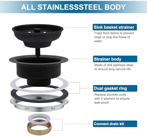 ZM Black Kitchen Sink Strainer Basket, Stainless Steel Drain Stopper - Image 3