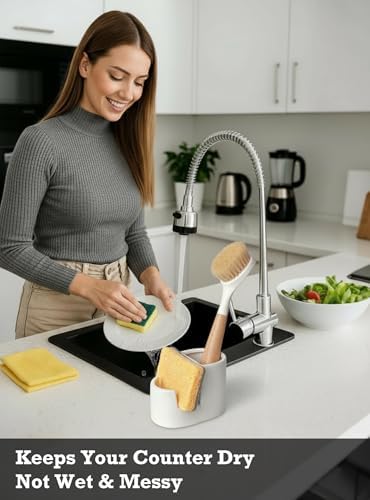 Ceramic Sponge Holder for Kitchen Sink, 2-in-1 Sponge & Brush Organizer - Image 2