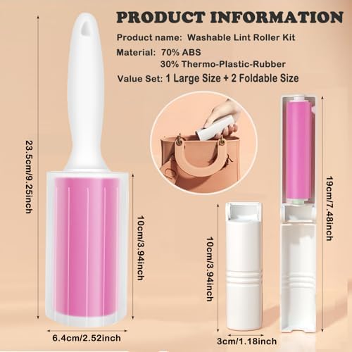 Washable Gel Lint Roller 3 Pack, Large & Mini Pet Hair Remover - Image 2