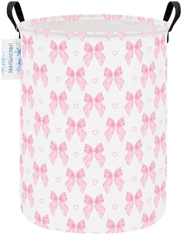 Round Laundry Basket Collapsible Storage Hamper Pink Bowknot by LANGYASHAN
