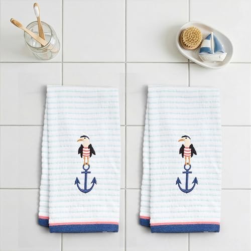 Ritz 2-Piece Cotton Velour Bathroom Hand Towel Set, Embroidered Anchor Seagull - Image 3