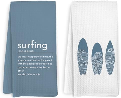 Coastal Surfing Definition Kitchen Towels and Dishcloths Set of 2, Summer Beach by HFXHANGD